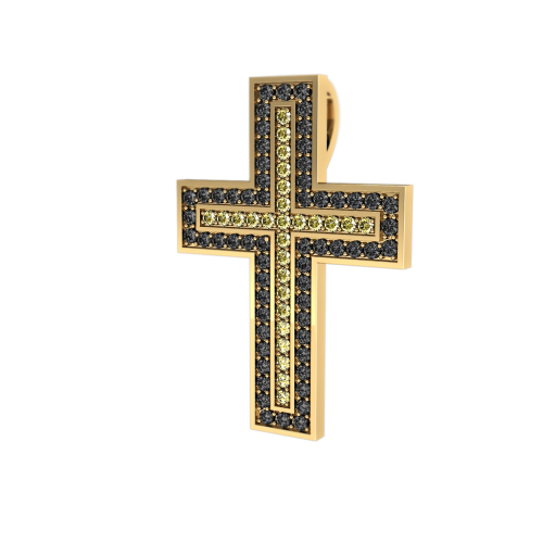 Крест из желтого золота с черными бриллиантами и сапфирами 