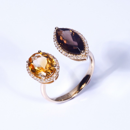 Кольцо из желтого золота с дымчатым топазом, цитрином и бриллиантами